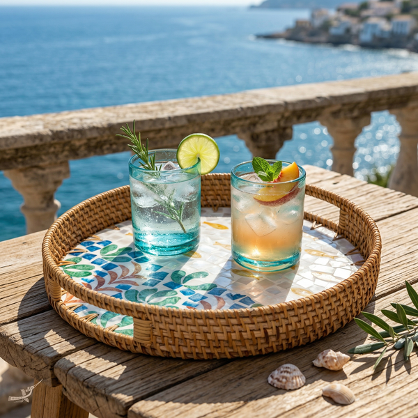 Aquaria - Plateau rond en rotin et nacre fait main, motif corail et banc de poisson – vue de détail – Produit artisanal fait à la main · Kuênia