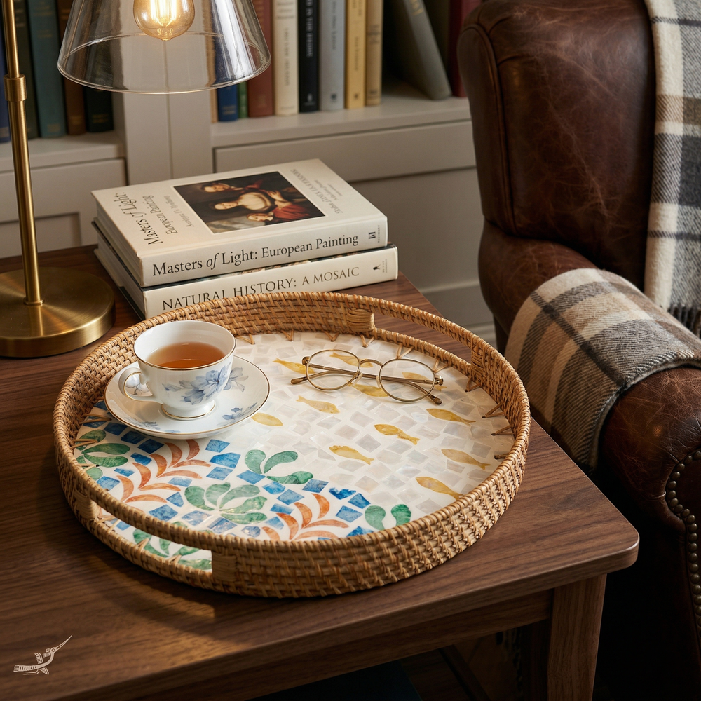 Aquaria - Plateau rond en rotin et nacre fait main, motif corail et banc de poisson – mise en scène – Produit artisanal fait à la main · Kuênia
