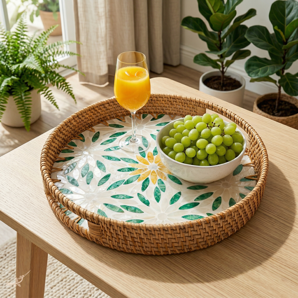 Gardenia - Plateau rond en rotin et nacre fait main, motif jardin fleuri – mise en scène – Produit artisanal fait à la main · Kuênia