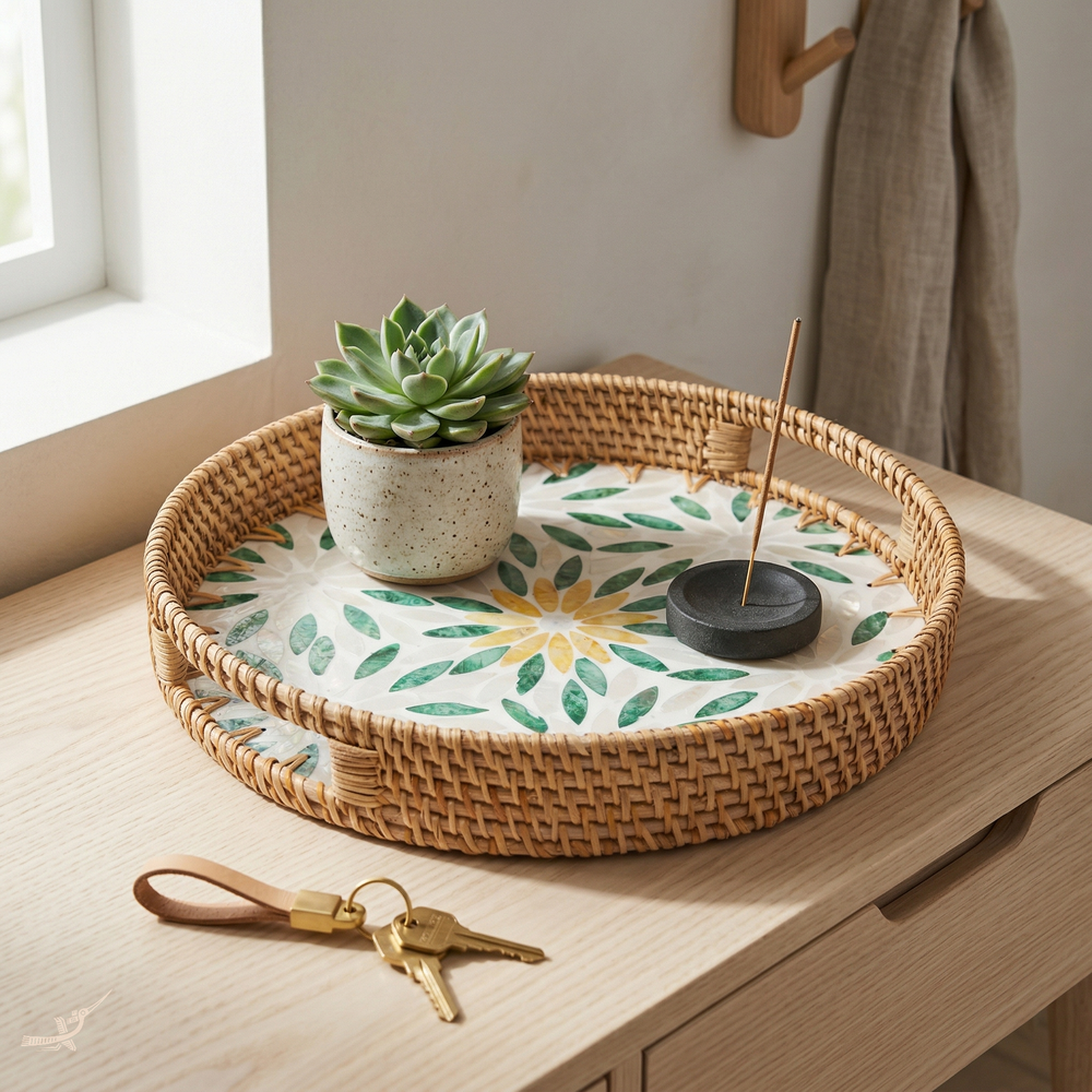Gardenia - Plateau rond en rotin et nacre fait main, motif jardin fleuri – vue d'ambiance – Produit artisanal fait à la main · Kuênia