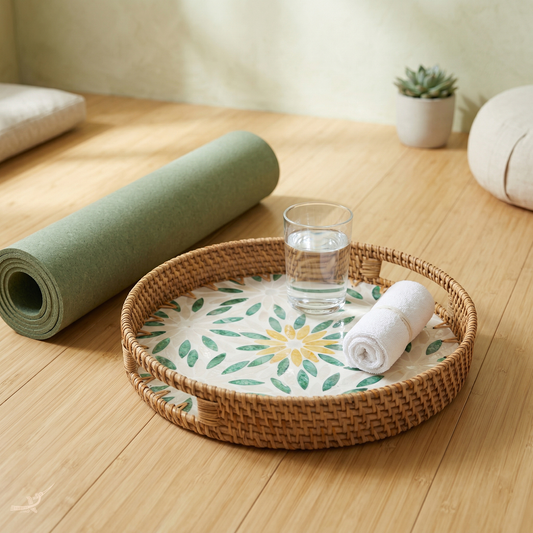 Gardenia - Round tray in handmade rattan and mother-of-pearl, flower garden pattern – in-use view – Handcrafted product, handmade · Kuênia