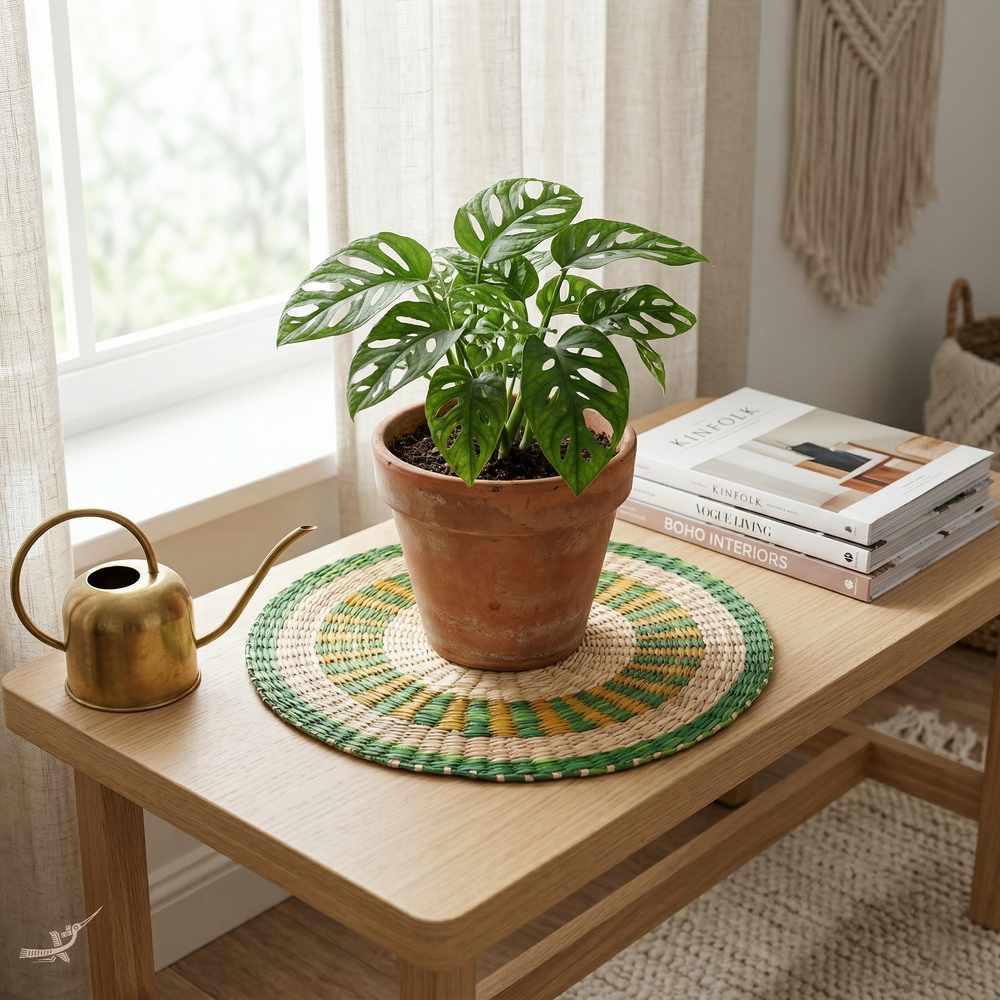 Champ Verdoyant - Set de table rond en jonc de mer tressé, motif vert et jaune – mise en scène – Produit artisanal fait à la main · Kuênia