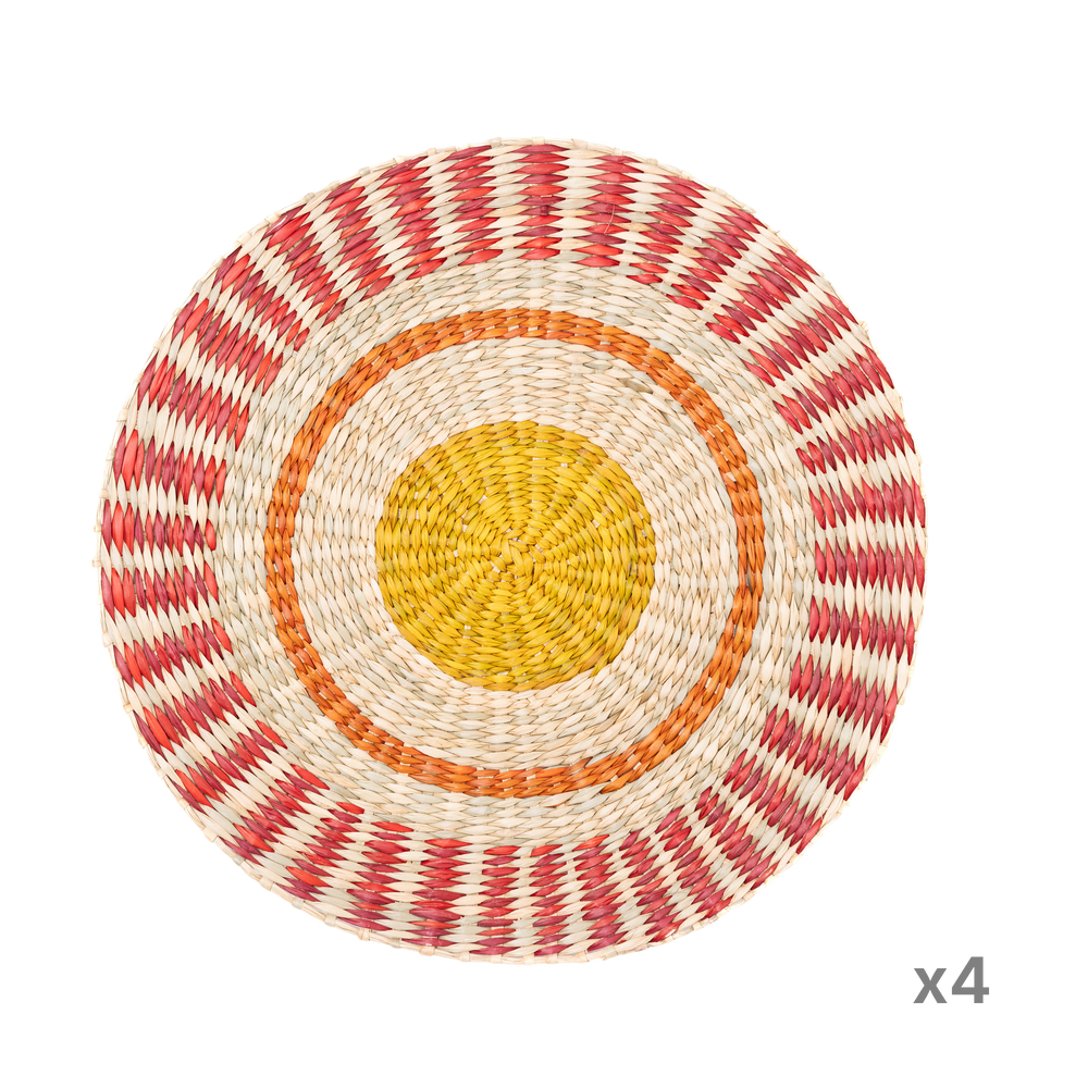 Étoile Flamboyante - Set de table rond en jonc de mer tressé, motif soleil sur fond transparent – Produit artisanal fait à la main · Kuênia