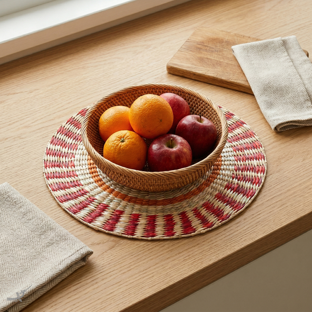 Étoile Flamboyante - Set de table rond en jonc de mer tressé, motif soleil – mise en scène – Produit artisanal fait à la main · Kuênia