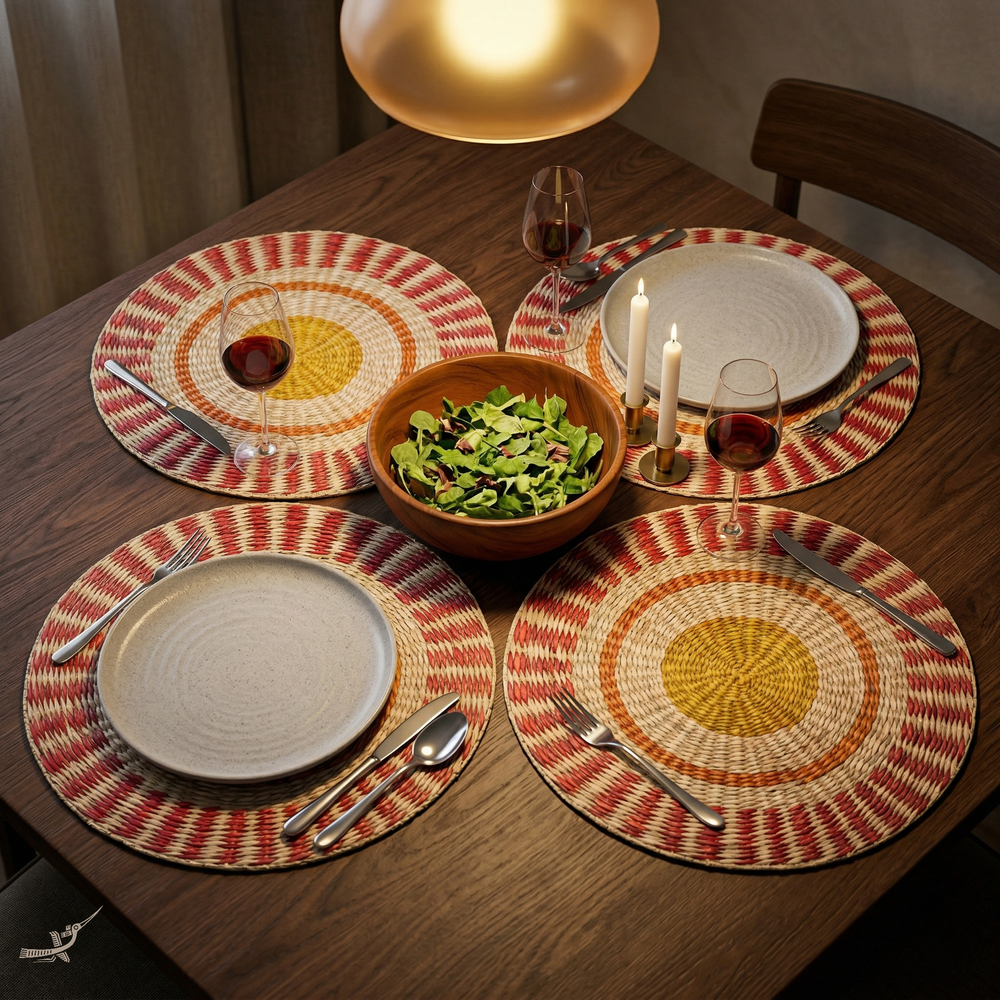 Étoile Flamboyante - Set de table rond en jonc de mer tressé, motif soleil – vue d'ambiance – Produit artisanal fait à la main · Kuênia