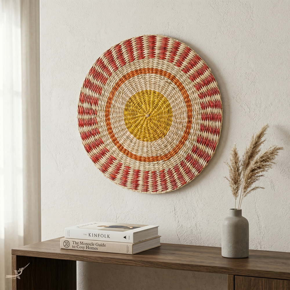 Étoile Flamboyante - Set de table rond en jonc de mer tressé, motif soleil – vue d'usage – Produit artisanal fait à la main · Kuênia