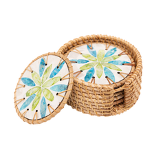 Valse de Nymphéa - Coffret de 6 sous-verres en rotin et nacre, motif végétal bleu et vert sur fond transparent – Produit artisanal fait à la main · Kuênia