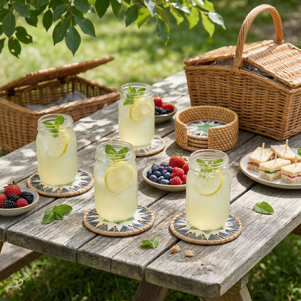 Prisme d'Agave – Coffret de 6 sous-verres en rotin et nacre, motif vert géométrique – mise en scène – Produit artisanal fait à la main · Kuênia