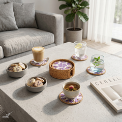Souffle de Violette - Coffret de 6 sous-verres en rotin et nacre, motif floral violet – mise en scène – Produit artisanal fait à la main · Kuênia