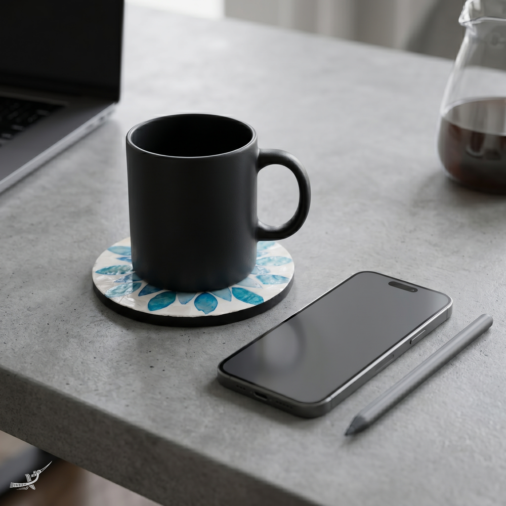 Corolle de Topaze - Coffret de 6 sous-verres tout nacre, motif floral bleu – mise en scène – Produit artisanal fait à la main · Kuênia