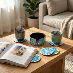 Corolle de Topaze - Coffret de 6 sous-verres tout nacre, motif floral bleu – vue d'ambiance – Produit artisanal fait à la main · Kuênia