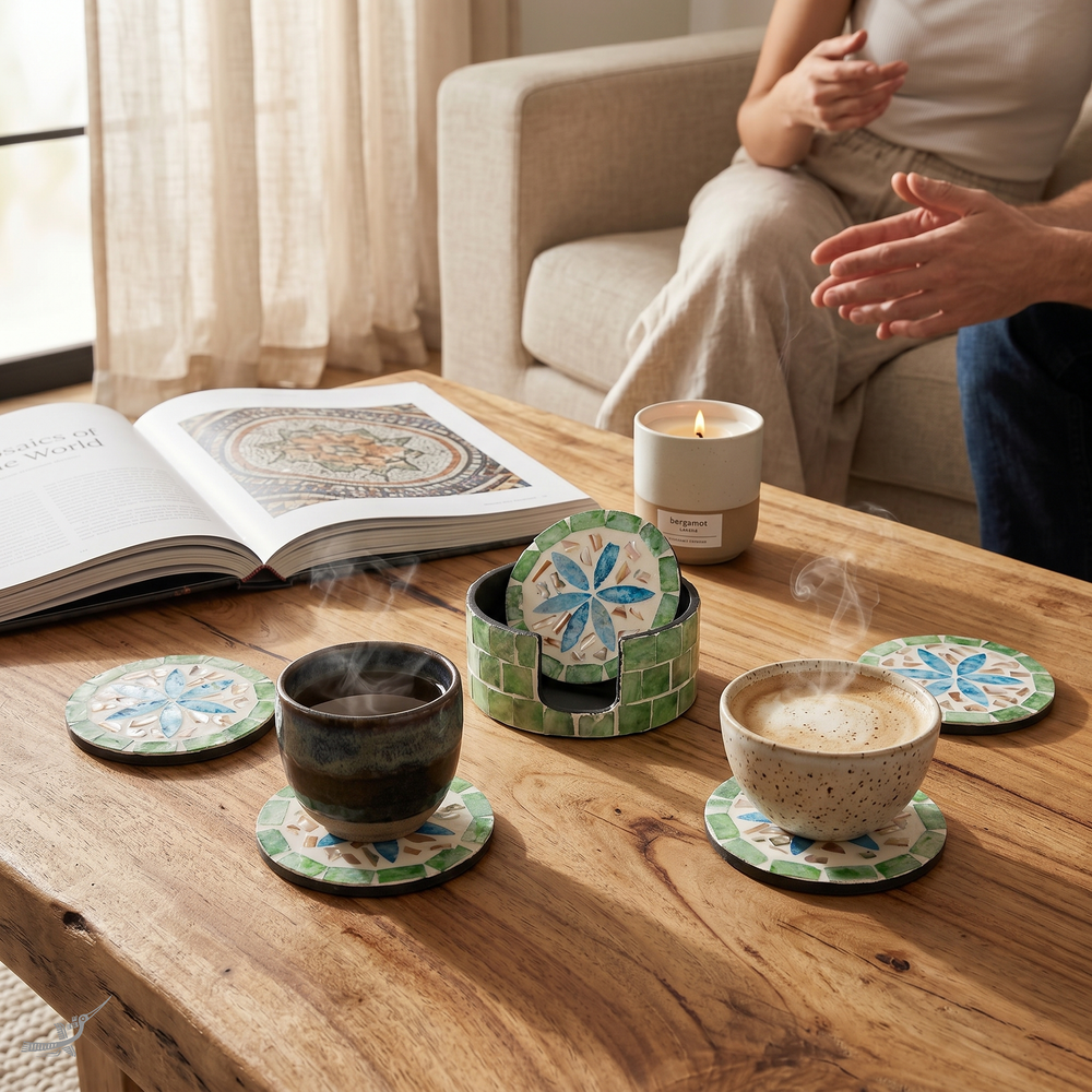 Jardin de Verre - Coffret de 6 sous-verres tout nacre, mosaïque florale multicolore – vue d'usage – Produit artisanal fait à la main · Kuênia