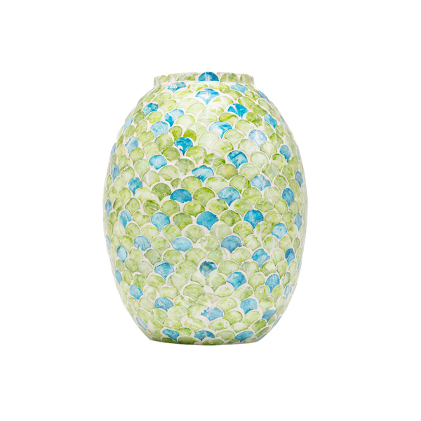 Sirena - Curved vase in mother-of-pearl marquetry, green and blue scales pattern on transparent background – Handcrafted product, handmade · Kuênia