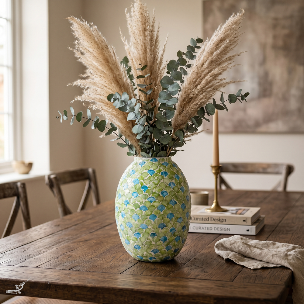 Sirena - Vase galbé en marqueterie de nacre, motif écailles vertes et bleues – vue de détail – Produit artisanal fait à la main · Kuênia