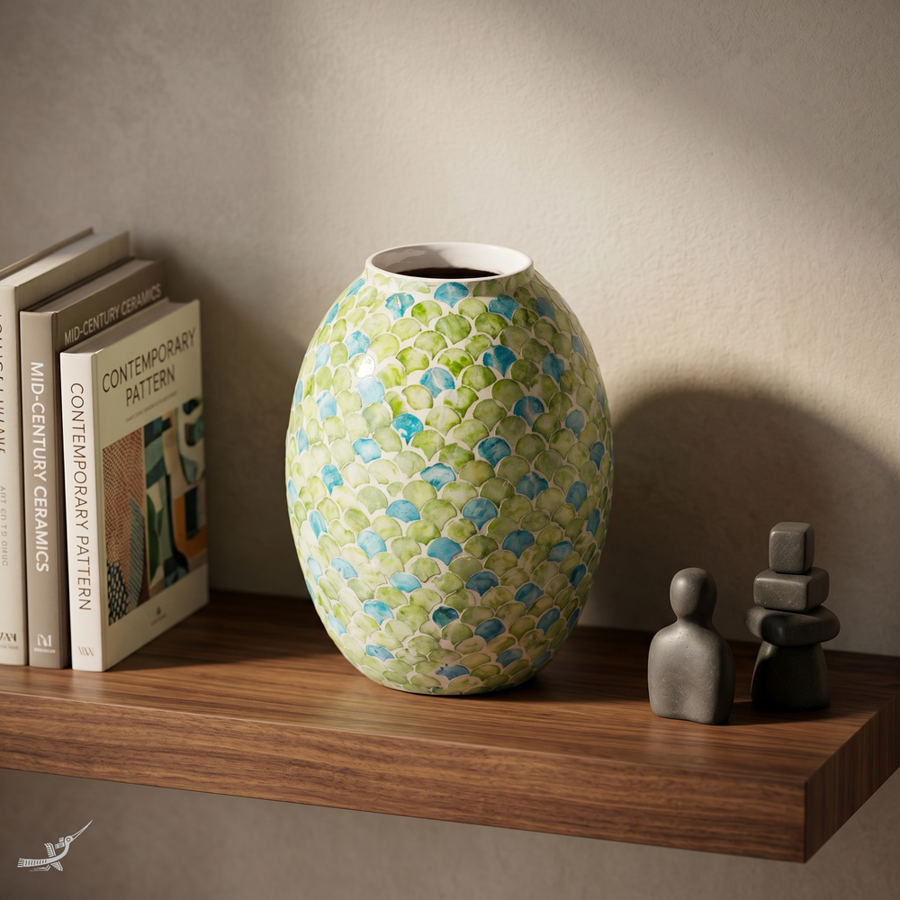Sirena - Vase galbé en marqueterie de nacre, motif écailles vertes et bleues – vue d'usage – Produit artisanal fait à la main · Kuênia